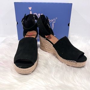 JellyPop Women's Ravishing Black Suede-like Wedge Sandals Comfort Fit Size 8M